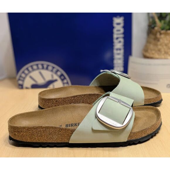 Birkenstock Madrid Big Buckle Matcha Green Nubuck Leather Slide Sandals EU40 NIB - Picture 3 of 14